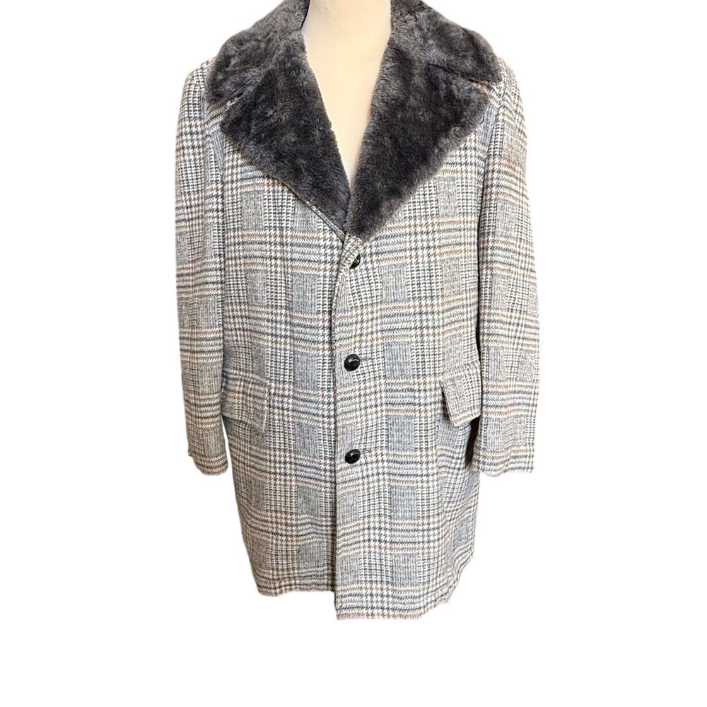 VTG 70s Weathercaster Car Coat Mens 44 US L Gray Tweed Faux Fur Lined Jacket